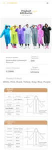 Detail view of thickened EVA waterproof fabric and size specifications for reusable raincoats