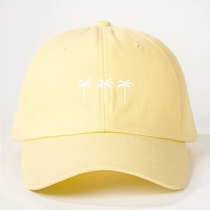Pale yellow cotton baseball cap with white coconut tree embroidery for outdoor sun protection