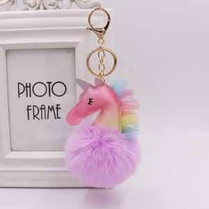 Unicorn faux fur pompom keychain with glitter PU leather and purple plush charm