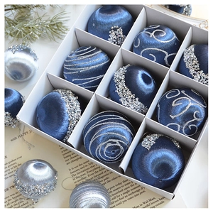 Detail von Weihnachtskugeln mit Seidentextur, Pailletten und Spiralmustern in Geschenkbox