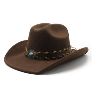 Detail of dark brown wool felt cowboy hat with braided leather band and turquoise stone