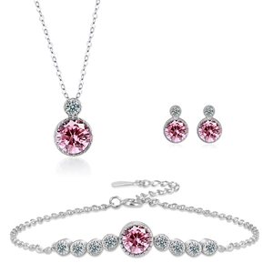 Elegant S925 sterling silver jewelry set with round pink gemstones and white diamonds