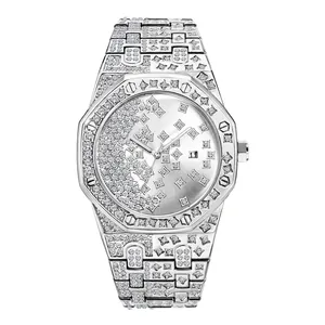 Silver luxury quartz watch with full diamond setting and octagonal bezel for men