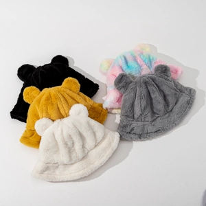 Winter plush bucket hat with bear ears in black, yellow, beige, grey and tie-dye