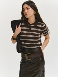 Short sleeve brown striped knit polo shirt paired with a leather skirt and gold buckle belt