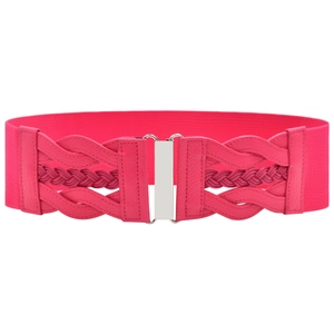 Detail of hot pink elastic waist belt showing woven leather craft and silver metal buckle