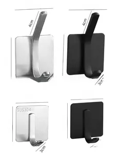 Detailed size specifications for 304 stainless steel self-adhesive wall hooks in silver and black