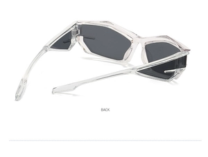Back view of futuristic Y2K geometric sunglasses with clear frames and dark lenses
