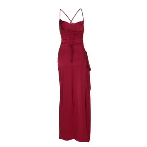 Detail view of the back lace-up closure on the dark red satin evening gown dress