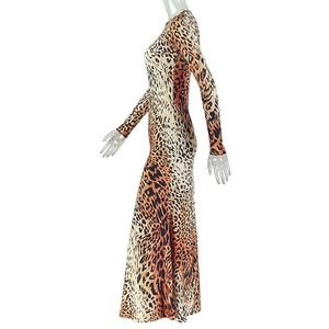 Detail of slim fit leopard print maxi dress with round neck and long sleeves on mannequin