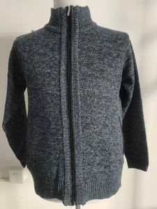 Detailed close-up of grey mélange knit texture and stand collar zipper on sweater jacket
