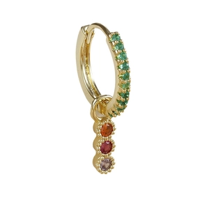Gold water drop earrings with green rhinestones and colorful gemstone pendants