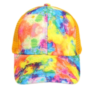Tie-dye colorful mesh baseball cap with vibrant rainbow patterns and yellow back panel