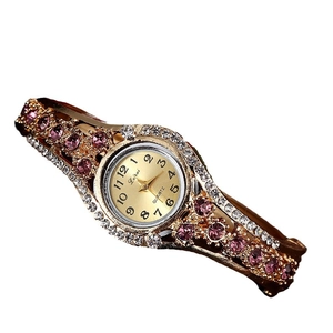 Luxury gold alloy bangle watch for women with sparkling purple and white rhinestones