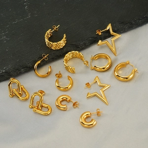 Geometric Stainless Steel Hoop Earrings 18K Gold Plated Minimalist Star C Shaped Twisted U Link Jewelry For Women