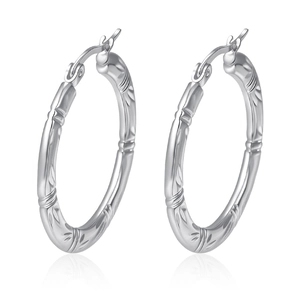 Textured round silver stainless steel hoop earrings with detailed embossed patterns