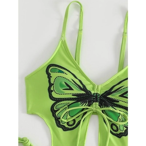 Detail of lime green butterfly print bikini top with drawstring and thin straps