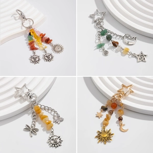 Bohemian Keychain Alloy Natural Stone Gravel Star Moon Sun Face Butterfly Dragonfly Pendant Vintage Bag Charm Accessory