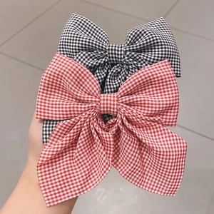 Large Bow Hair Clip Fabric Plaid Gingham Polka Dot Solid Color Elegant Duckbill Clip Headwear For Women Girls