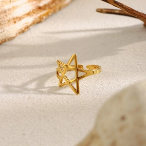 Macro shot of 18K gold plated hollow star open ring with a polished mirror finish
