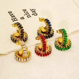Set of C-shaped stainless steel earrings with colorful zircon stones in five vibrant colors