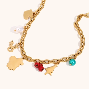 Christmas necklace with 18K gold plated chain, bell, reindeer, and Santa tree pendants