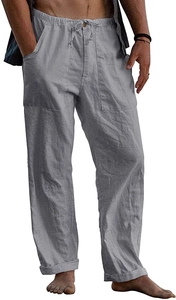 Detailed macro view of men's gray linen pants showing drawstring waist and pocket texture
