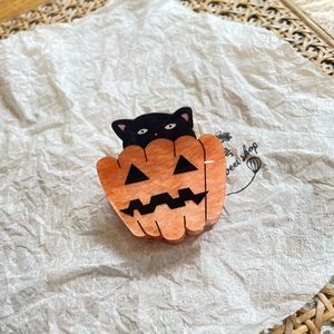 Halloween acrylic hair claw clip featuring a black cat inside a sparkly glitter pumpkin