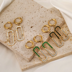 Rectangular Geometric Hoop Earrings Titanium Steel Zircon Mother Of Artificial Pearl Malachite Enamel Inlay Minimalist Jewelry