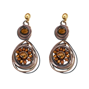 Vintage woven round earrings with brown beads and spiral metallic floral patterns