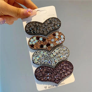 Set of 4 luxury heart-shaped rhinestone hair clips in grey champagne silver and purple