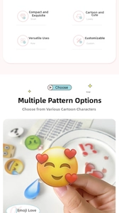 Macro view of mini acrylic emoji hair clips featuring funny expressions and water drops