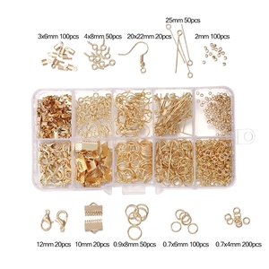 Detailed 10-piece gold DIY jewelry kit with lobster clasps and ear hooks in a clear case