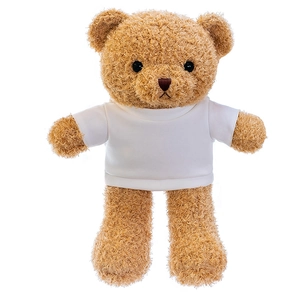 Schattige bruine teddybeer knuffel met een wit t-shirt op een witte achtergrond top
