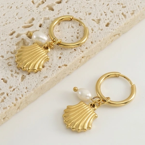 Elégantes Créoles En Acier Inoxydable Avec Künstliche Perle Naturelle Et Pendentif Coquillage En Or Bijoux De Mode Pour Femmes