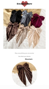 Detail of elegant velvet bow hair clips with long streamers in six assorted colors