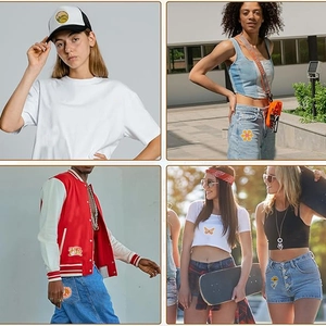 DIY sun flower and butterfly embroidered patches shown on hats, jeans, and jackets