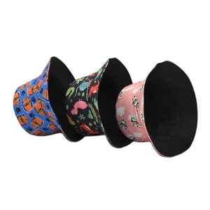 Cotton bucket hat for women with animal prints like blue lion and black dinosaur