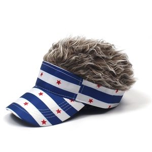 Detail view of the stars and stripes visor with attached wavy brown hair on top