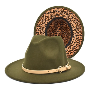 Detail of wool fedora hat with olive green felt surface and leopard print brim lining