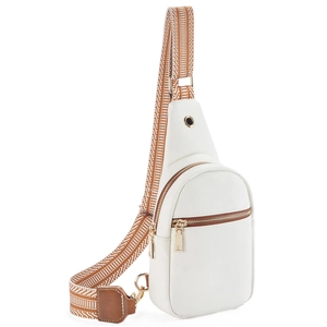 Detail of white PU leather crossbody bag with brown woven strap and golden hardware