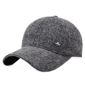 Winter baseball cap for men with ear protection and gray checkered wool blend fabric