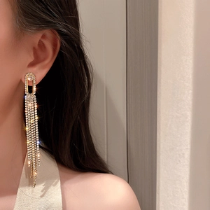 Detail of elegant gold tassel earrings with sparkling rhinestones worn by a model