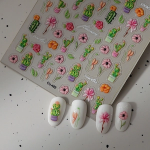 Detail of 5D embossed cactus and floral nail art stickers with Co-489 model reference