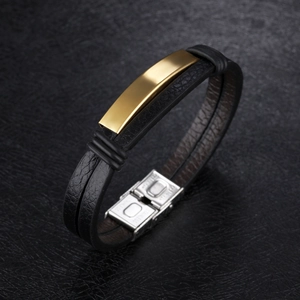 Men's double-layered black leather bracelet with gold metal plate and stainless steel buckle