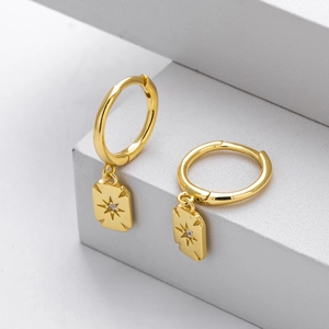 Elegant gold S925 sterling silver hoop earrings with rectangular starburst zircon pendants