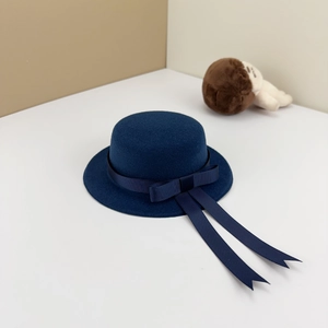 Classic navy blue woolen boater hat for 20cm dolls with elegant bow and long ribbon