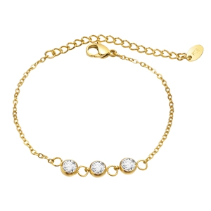 Gold stainless steel bracelet with three green cubic zirconia stones for women