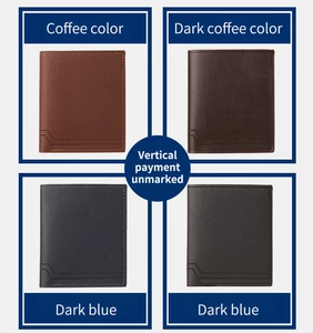 Detailed close-up showing four color variants of the slim PU leather bifold wallet for men