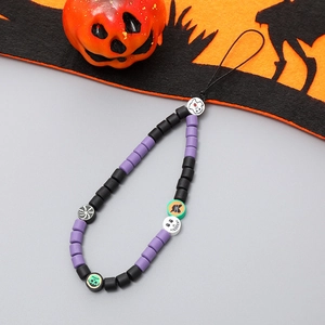 Halloween-Handykette mit lila und schwarzen Perlen, Geist- und Fledermausmustern